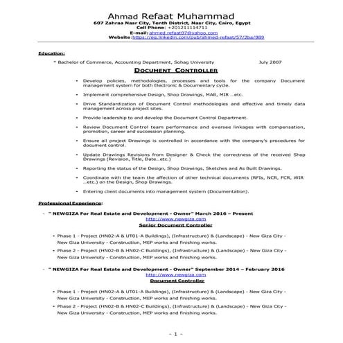 Ahmed Refaat - Document Controller CV