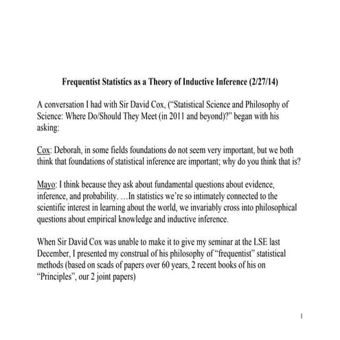 Frequentist Statistics as a Theory of Inductive Inference (2/27/14)