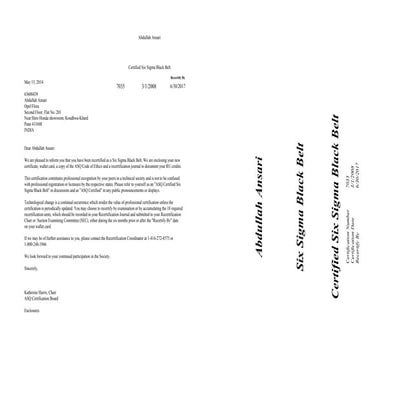 ASQ CSSBB letter and Certificate