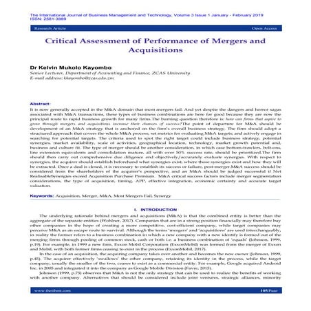 Critical Assessment of Performance of Mergers and Acquisitions