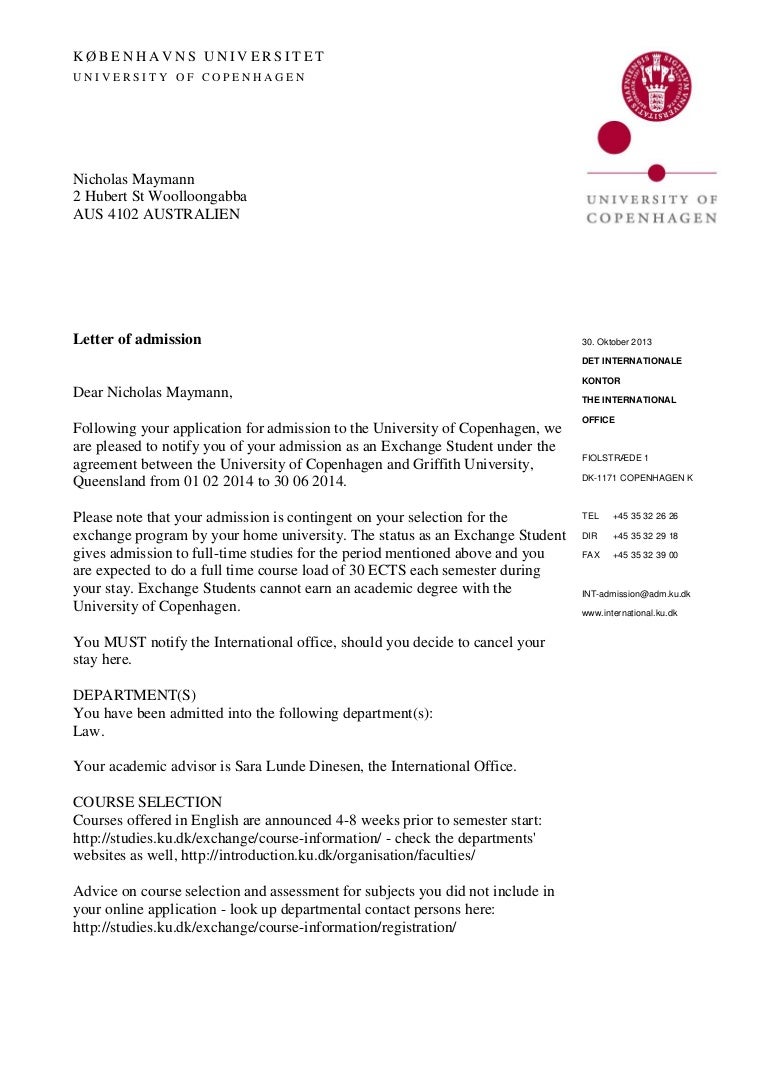 Letter to college admissions