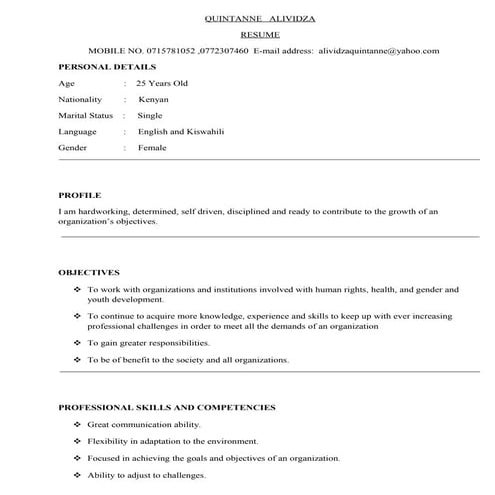 QUINTANNE ALIVIDZA RESUME