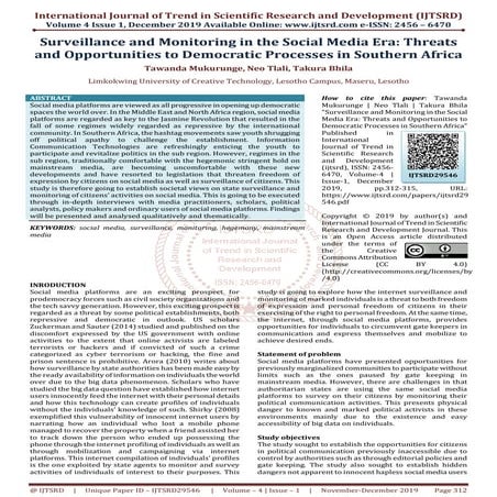 Surveillance and Monitoring in the Social Media Era: Threats and Opportunitie...