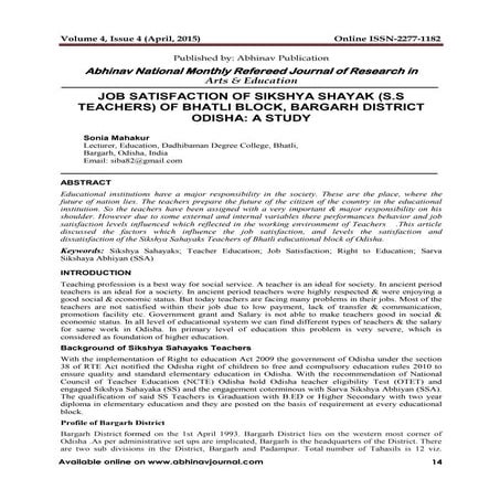 JOB SATISFACTION OF SIKSHYA SHAYAK (S.S TEACHERS) OF BHATLI BLOCK, BARGARH DI...