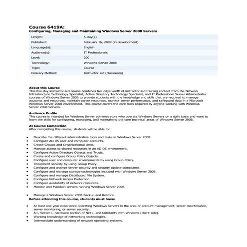 6419 a configuring, managing and maintaining windows server 2008 servers