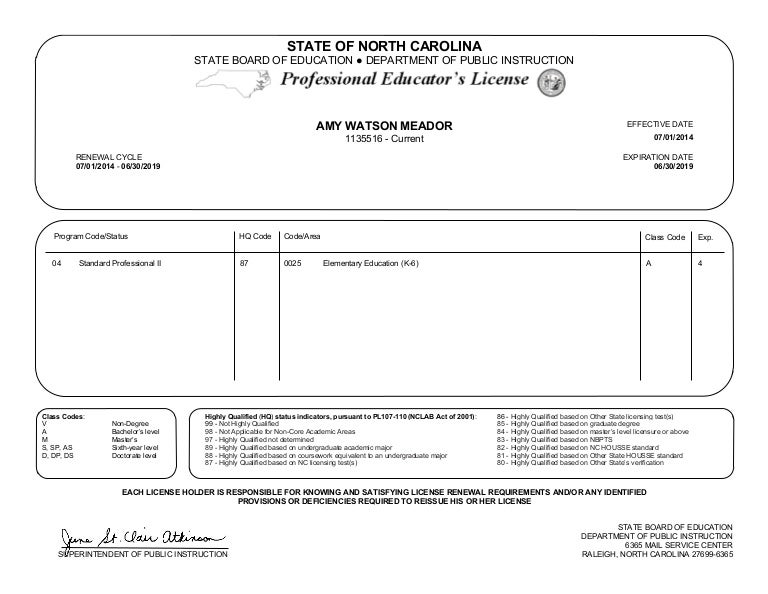 Amy Meador Teacher License