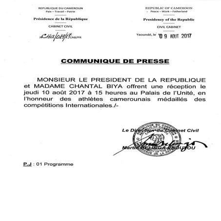 Paul Biya - Président du Cameroun - Le Couple Présidentiel offre une réceptio...