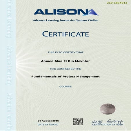 Fundamentals of Project Management certificate
