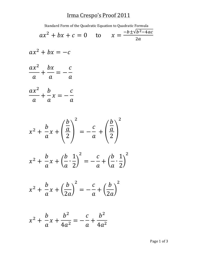 Standard Form of the Quadratic Equation to Quadratic Formula