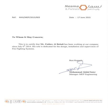 NESMA experience certificate