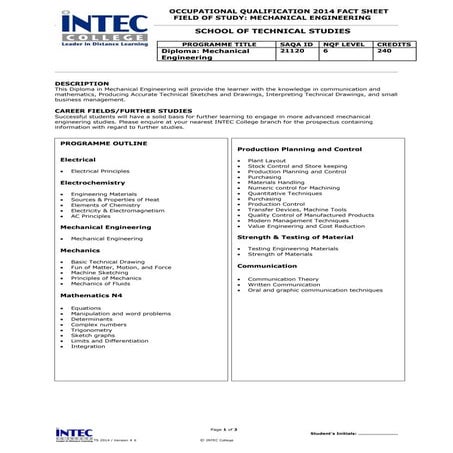 21120 - Diploma Mechanical Engineering - Fact sheet