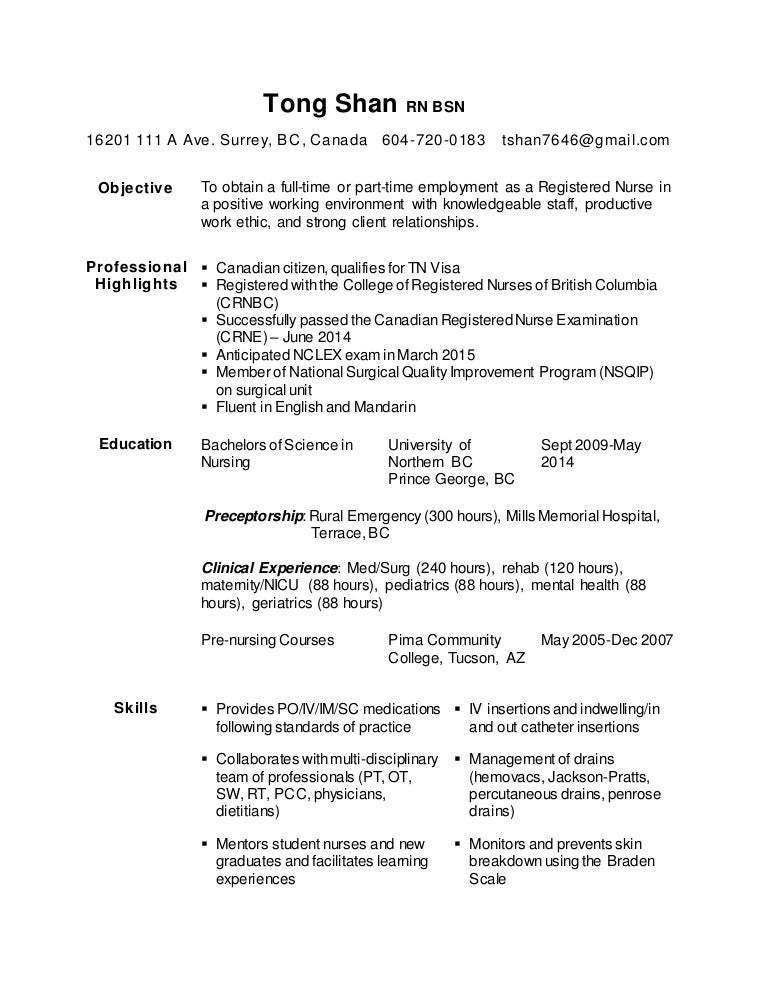 tong shan rn bsn 2014 resume rn bsn resumes