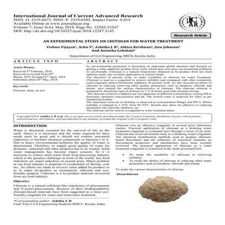 An Experimental Study on Chitosan for Water Treatment