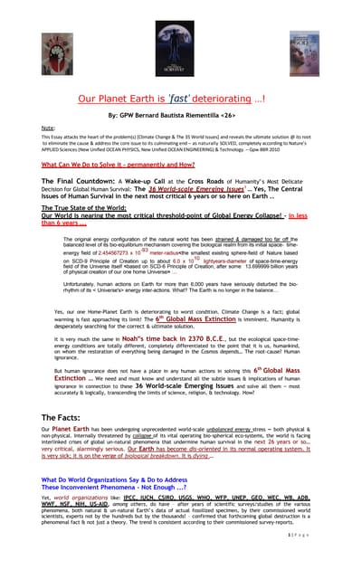Our Planet Earth is FAST deteriorating ..! What more can we do to SOLVE  this.. | PDF