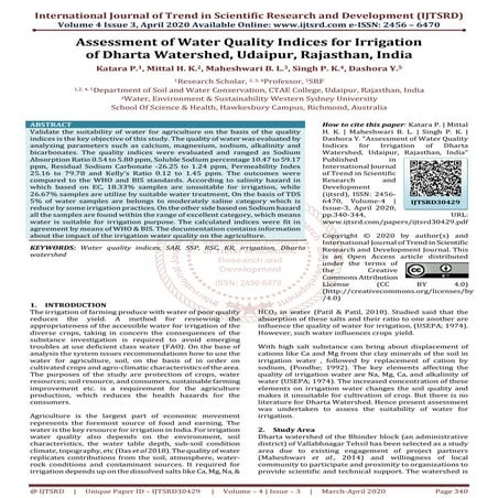 Assessment of Water Quality Indices for Irrigation of Dharta Watershed ...