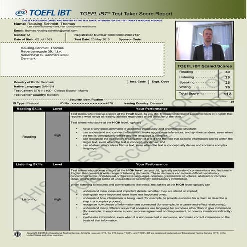 TOEFL ENGLISH TEST SCORES, MAY 2015