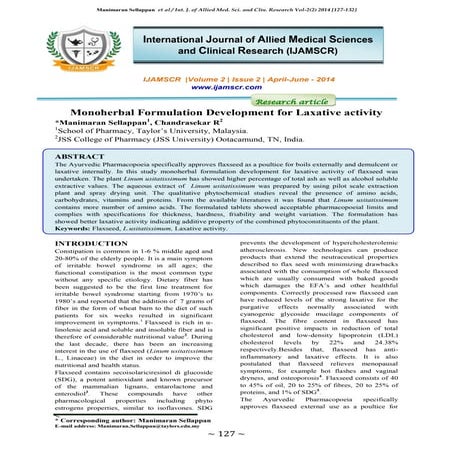 Monoherbal formulation development for laxative activity