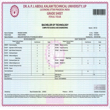 Academic Transcript of B.Tech Computer Science Student Rishabh Sharma | PDF