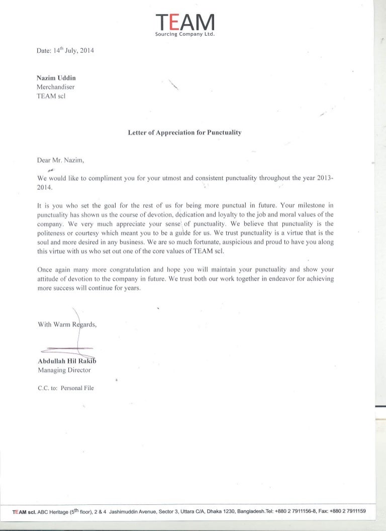 APPRECIATION OF PUNCTUALITY