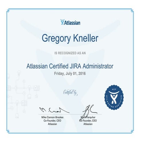 Atlassian Certified JIRA Administrator certificate