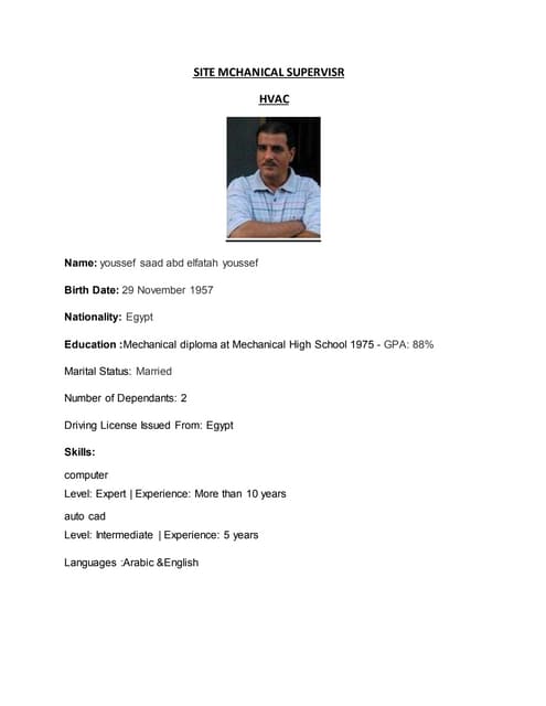 SUPERVISOR CV for ONSHORE and OFFSHORE MECHANICAL, MANTENANCE ...