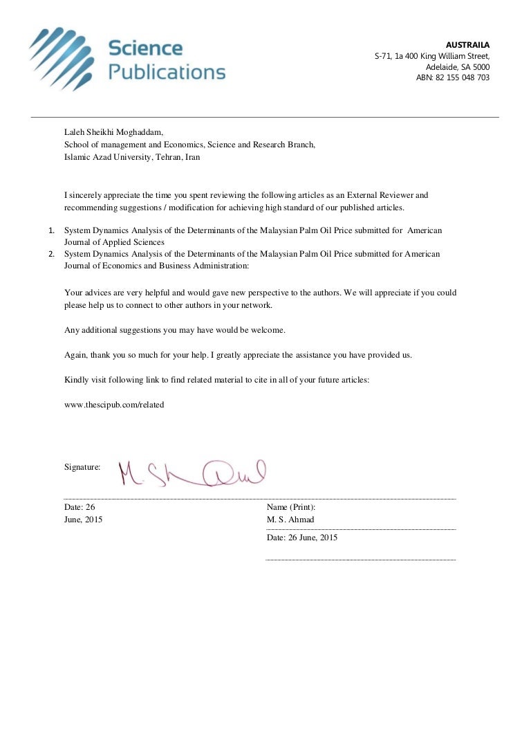 Letter of thanks to External Reviewer