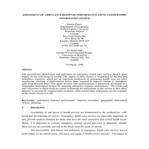 ASSESSMENT OF AMBULANCE RESPONSE PERFORMANCE USING A GEOGRAPHIC INFORMATION S...