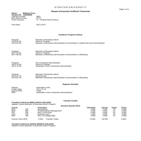 Strayer UniversityTranscripts (1) | PDF