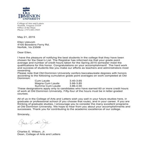 Dean's List Letters_Fall 2014_EUdovich | PDF