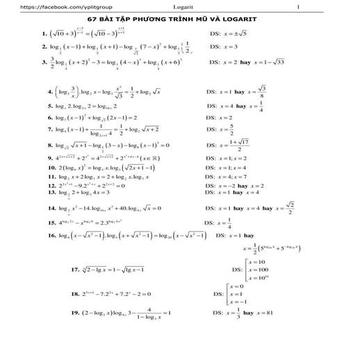 67 Bài Tập về Phương trình mũ và Phương trình Logarit