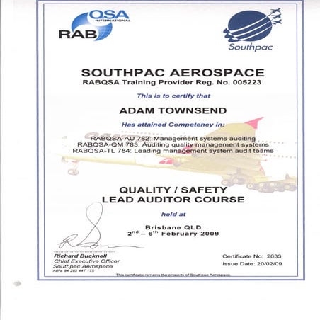 Southpac Aerospace QA & Safety Lead Auditors Certificate Feb 2009