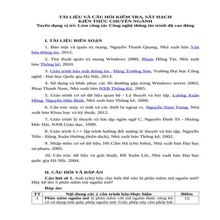 TÀI LIỆU ĐÁP ÁN VÀ CÂU HỎI KIỂM TRA, SÁT HẠCH KIẾN THỨC CHUYÊN NGÀNH.Tuyển dụ...
