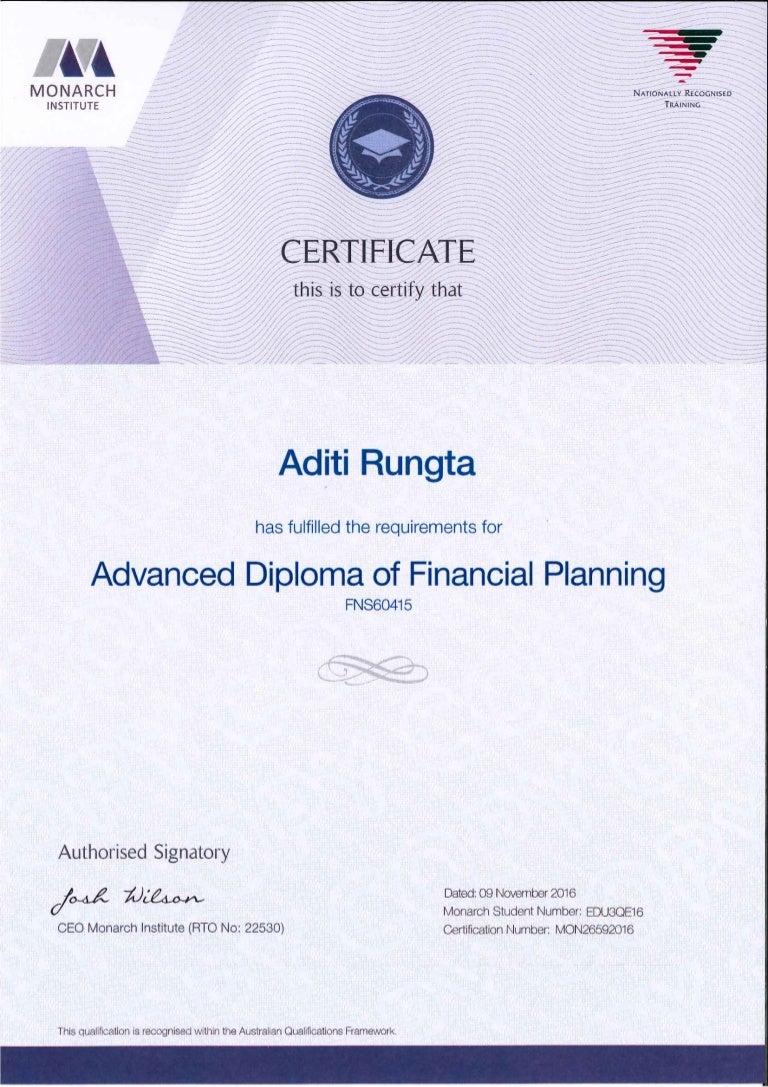 Advanced Diploma of Financial Planning Certificate