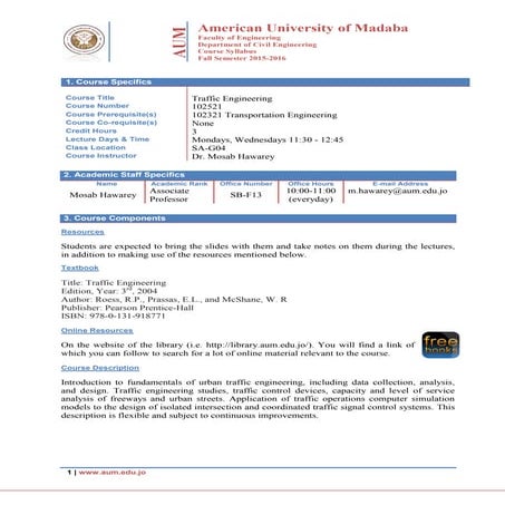 Syllabus of Traffic Engineering