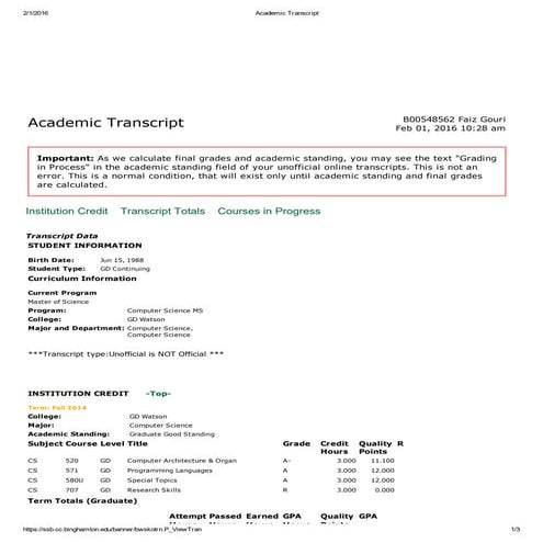 Academic Transcript | PDF