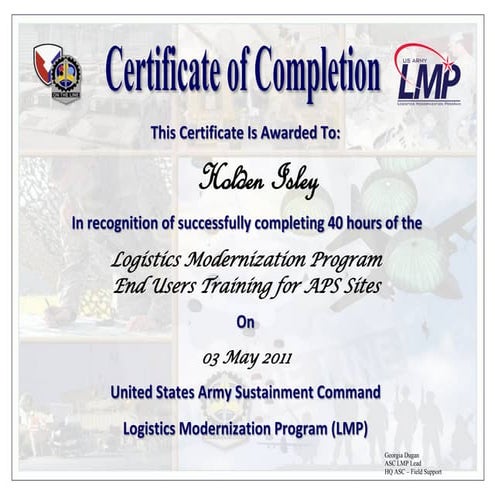 HOLDEN ISLEY LMP CERTIFICATE MAY 2011