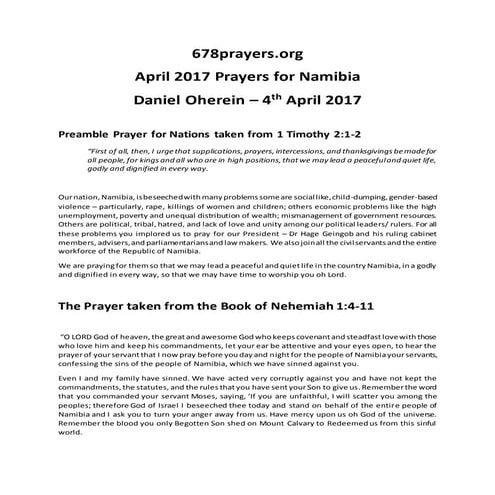 Prayer Script for April 2014 prayer challenge for namibia