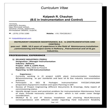 Instrument engineer CV