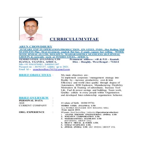 CV - 19 yrs exp at HOT ROLLING MILL operation with DME & MBA in Operation Man...