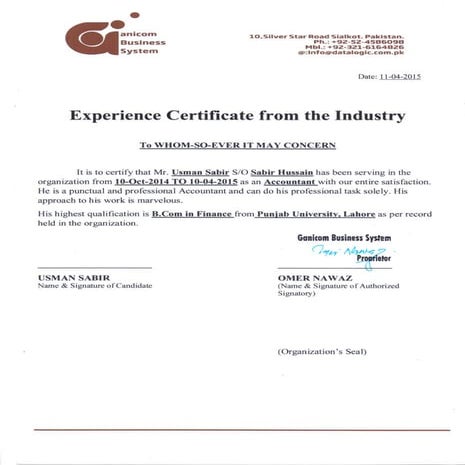 Experience letter by ganicom