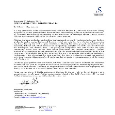 Zhichao Li's recommendation letter from James | PDF