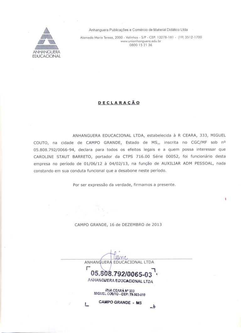 2014 carta de referencia anhanguera br cartas referencia personal