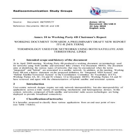 R07-WP4B-C-0148TERMINOLOGY USED FOR NETWORKS USING BOTH SATELLITE AND TERREST...
