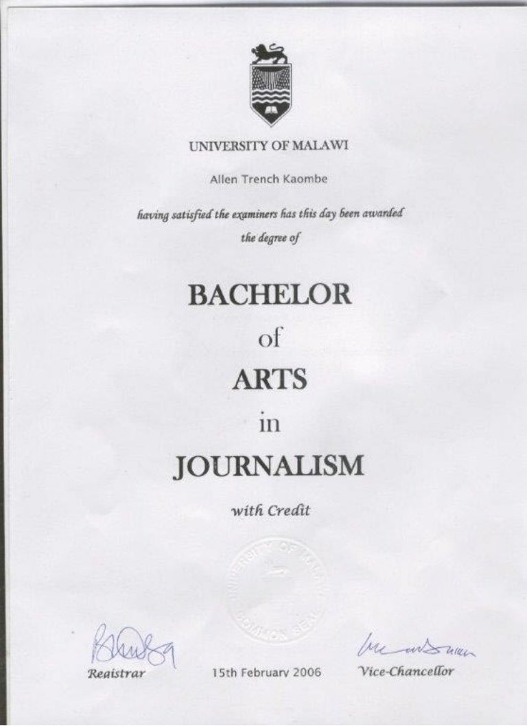 Bachelor of Arts in Journalism Allen Kaombe