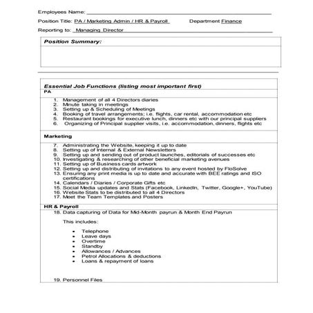 PA  Marketing Admin HR & Payroll Job Profile