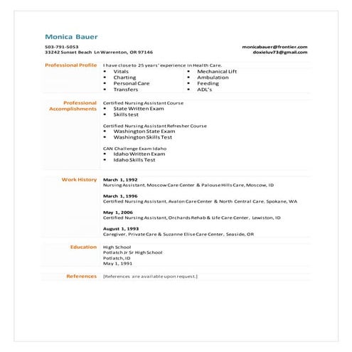 My Resume MLB CNA