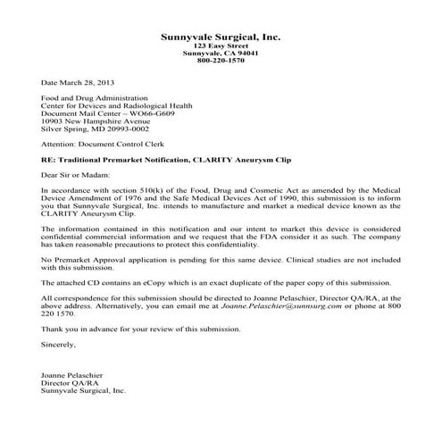 mock 510(k) for UCSC Extension Regulatory Submissions Devices and Diagnostics...