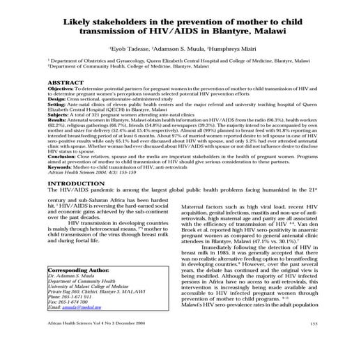 Likely stakeholders in the prevention of mother to child transmission ...