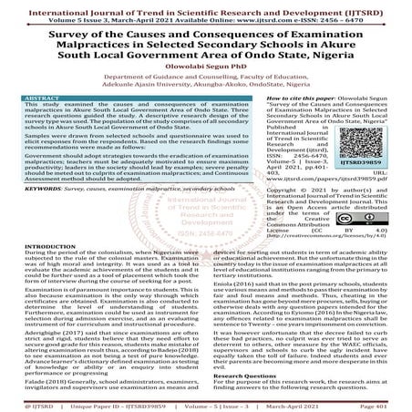 Survey of the Causes and Consequences of Examination Malpractices in Selected...