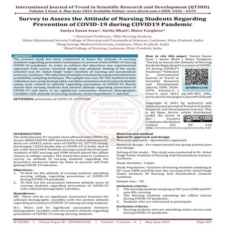 Survey to Assess the Attitude of Nursing Students Regarding Prevention ...